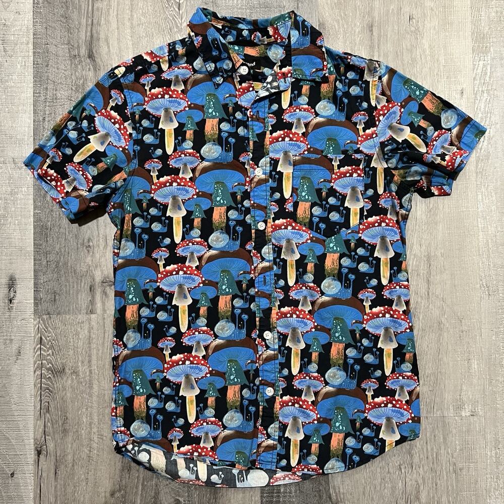 Betabrand Mushroom Button Shirt Psychedelic Festival Psilocybin AOP Trippy EDM M